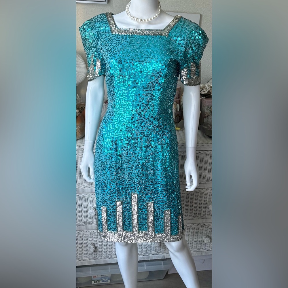 Vintage 80s Nadine Sequin Dress Hand Beaded all Silk in aqua blue silver Size M